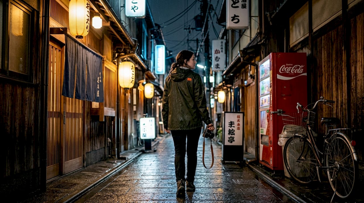 Woman photographing Kyoto night scene