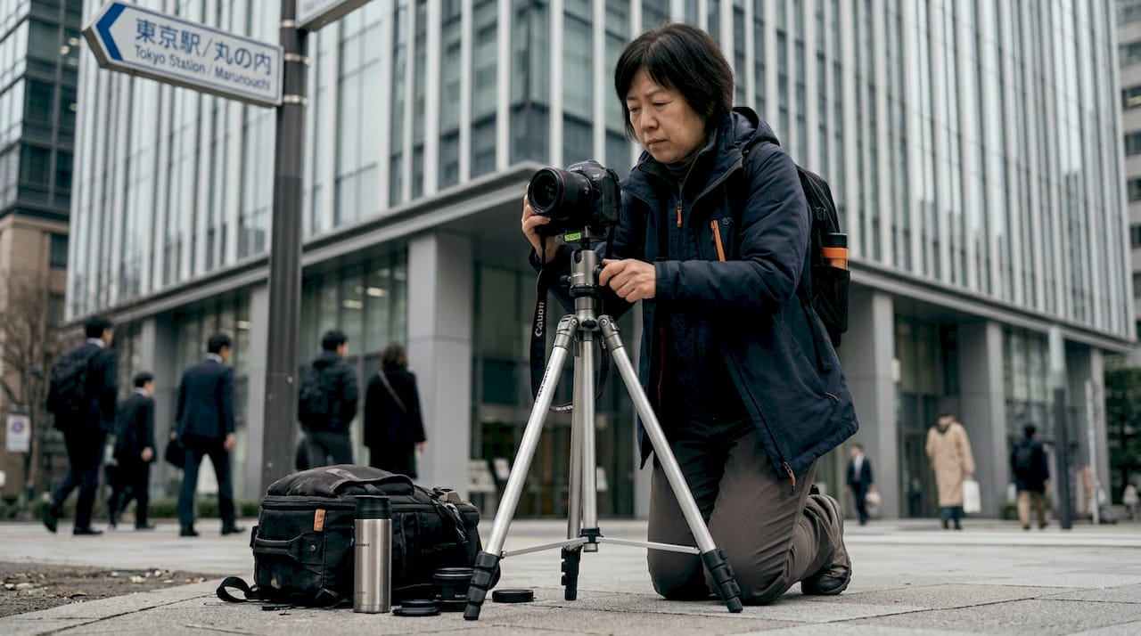 Photographer leveling tripod outside Tokyo building