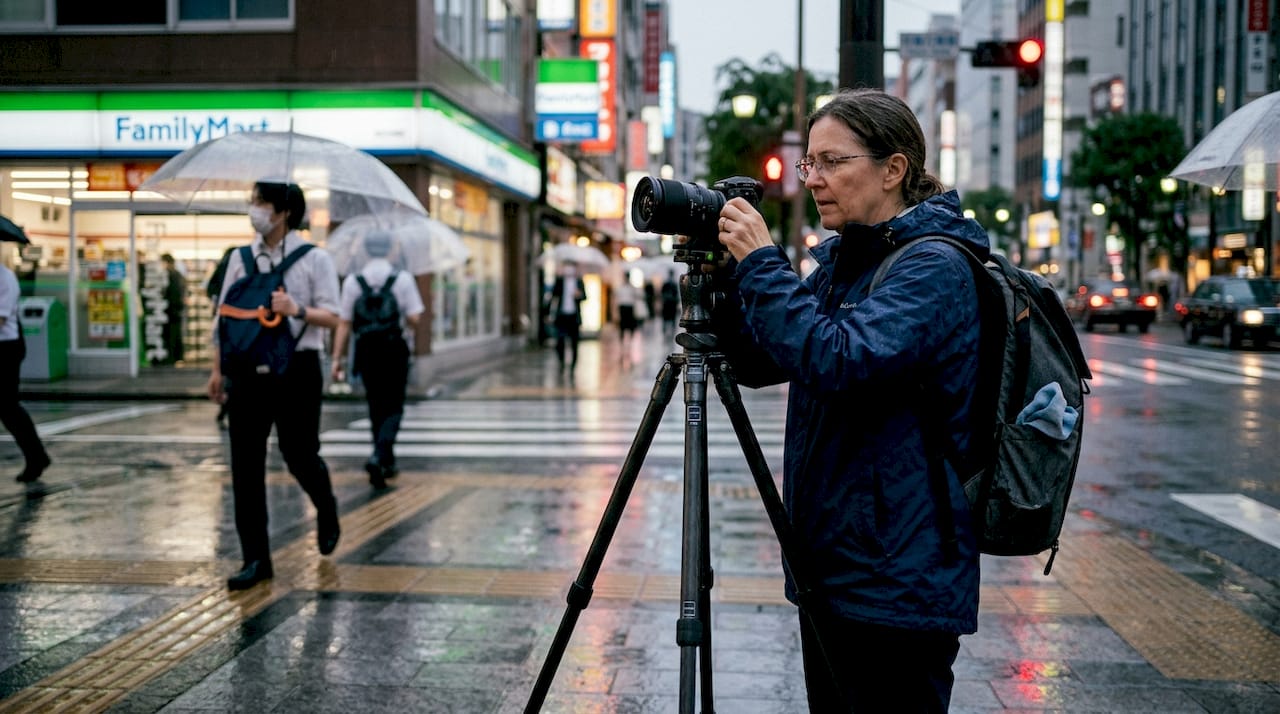 Photographer with tripod in rainy Tokyo street