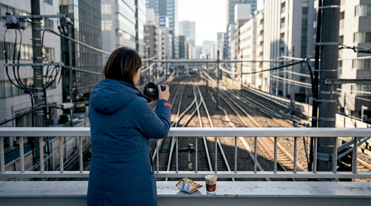 Woman photographing Tokyo railway leading lines