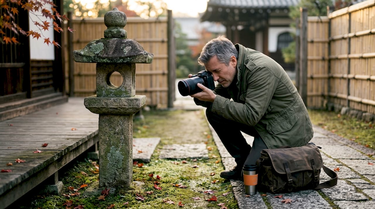 Man taking photo in tranquil Kyoto garden