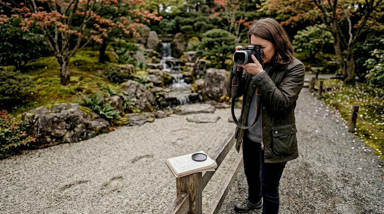 Photographer composing shot in tranquil garden