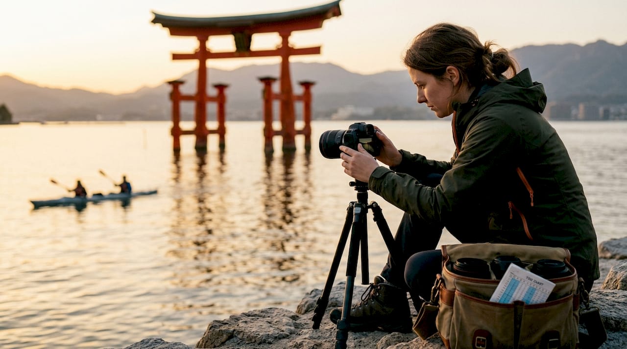 Photographer and Torii gate at sunset