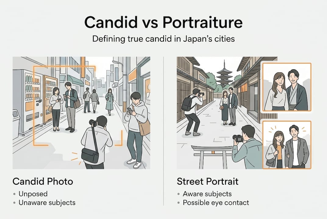 Infographic comparing candid and street portrait photos