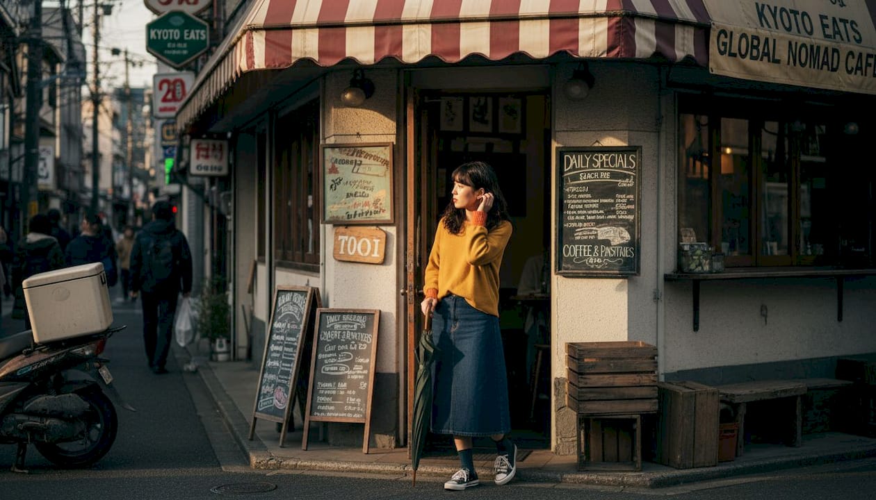 Candid Kyoto street portrait with busy background