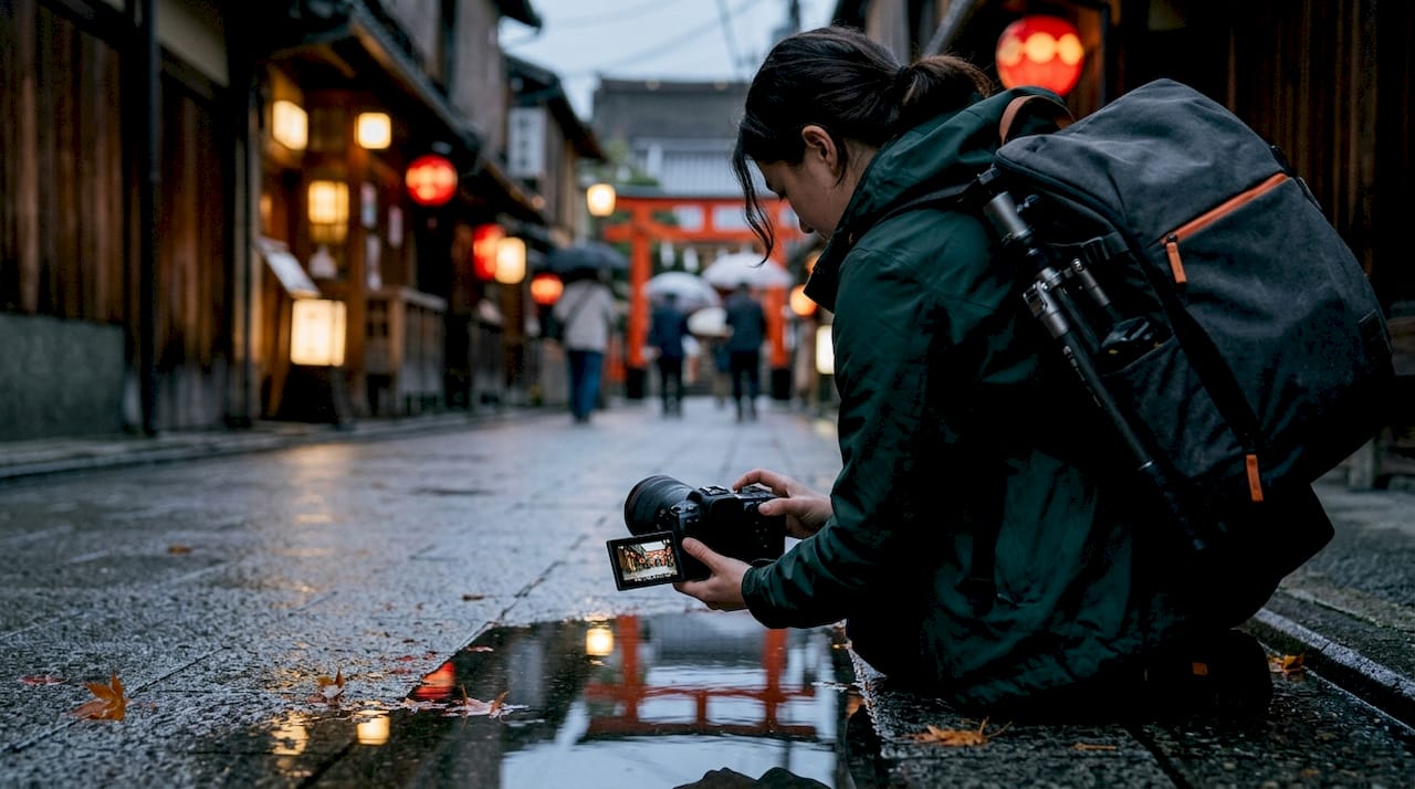 Photographer shooting city reflections at low angle