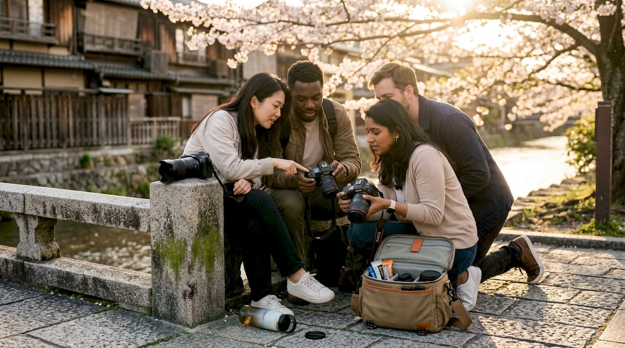 Photography group reviewing shots in Kyoto