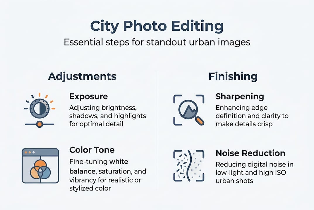 Infographic showing key city photo editing steps