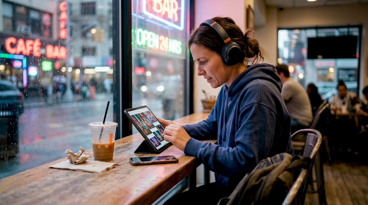 Person editing neon-lit city photo in café