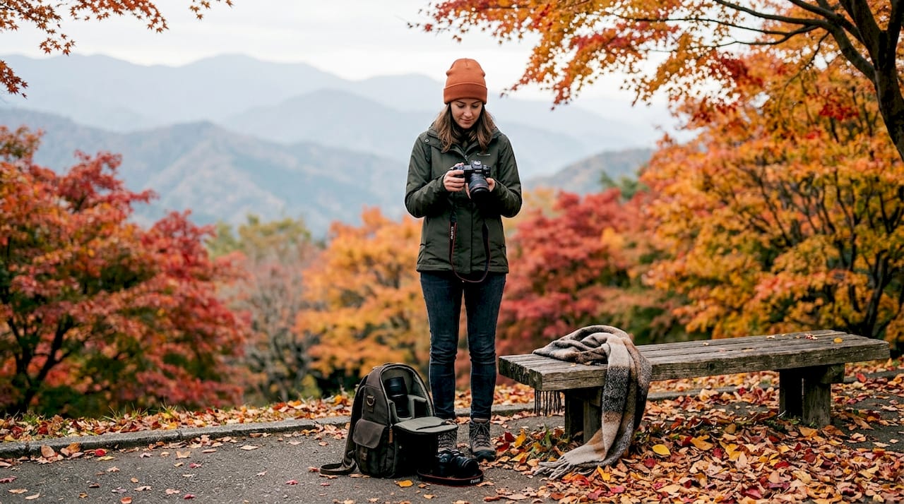 Photographer capturing Japanese autumn foliage