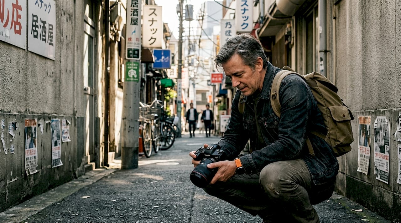 Photographer adjusting camera in Tokyo alley