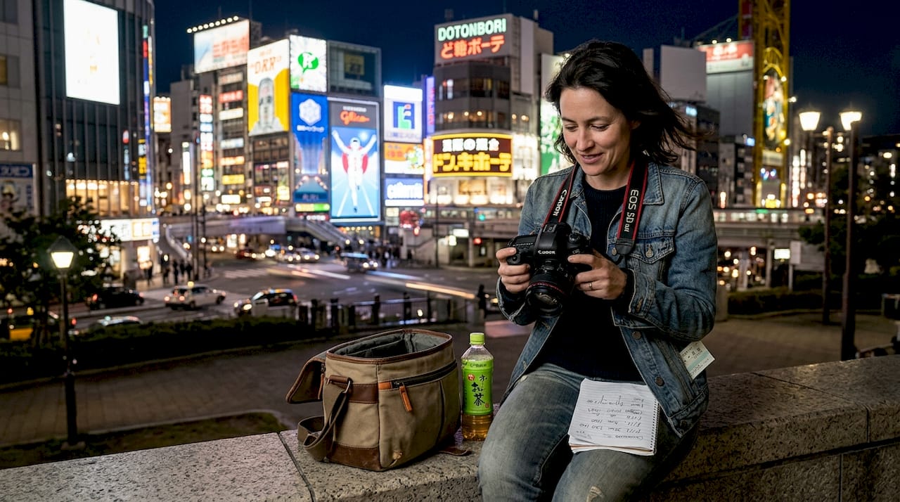 Woman checking camera settings above city lights