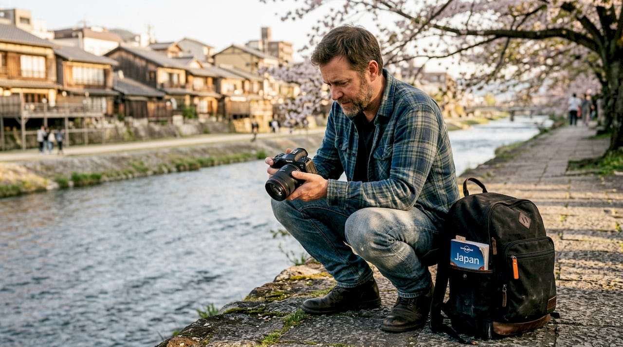 Traveler reviewing photos by Kyoto riverside