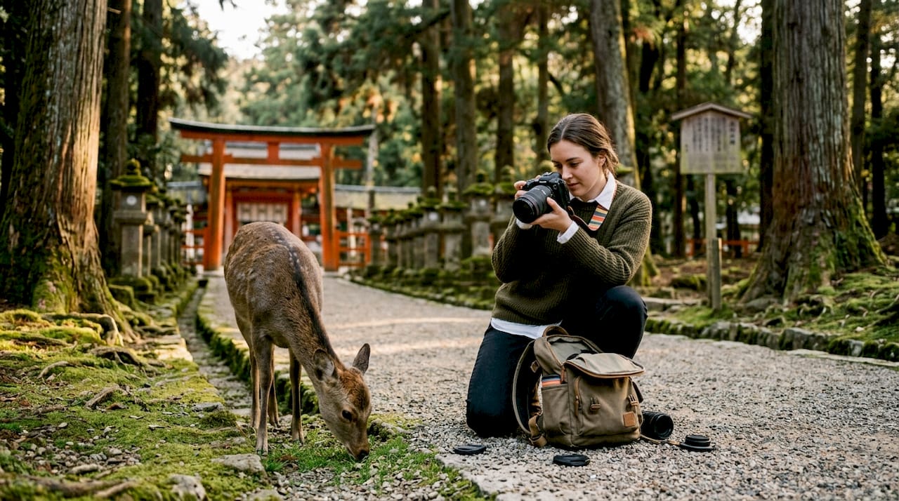 Photographer kneeling to capture deer at Nara temple