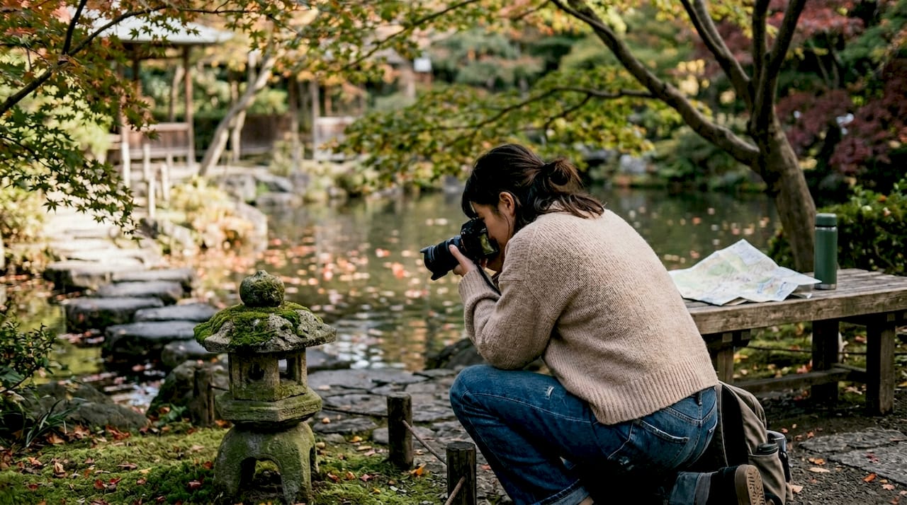 Woman photographing stone lantern in Japanese garden