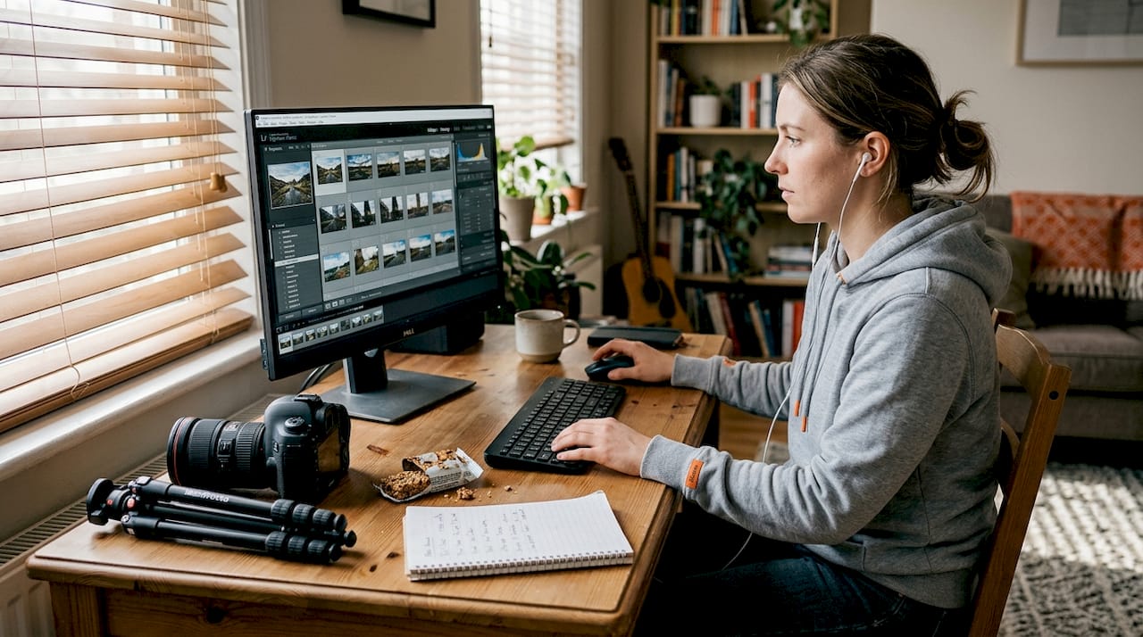 Woman editing HDR photos at home desk