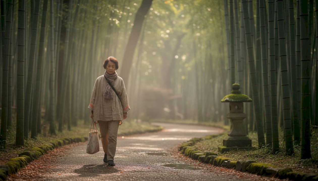 Woman walking Kyoto bamboo grove in morning mist