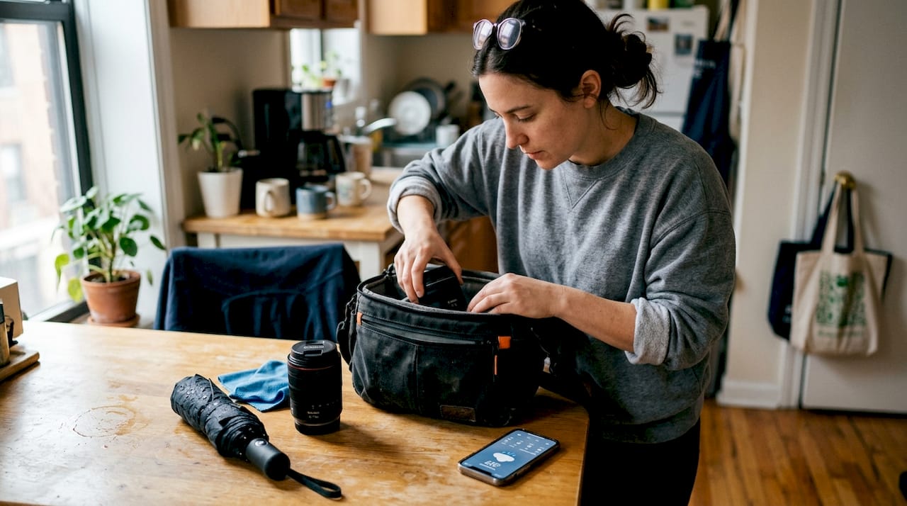 Photographer checking gear in small apartment