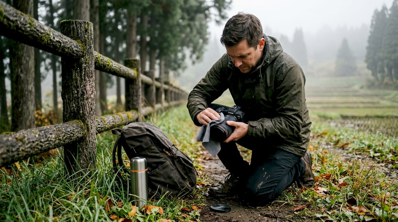 Photographer cleaning lens on foggy rural path