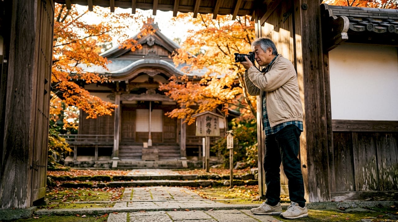 Man photographing temple in autumn sunlight