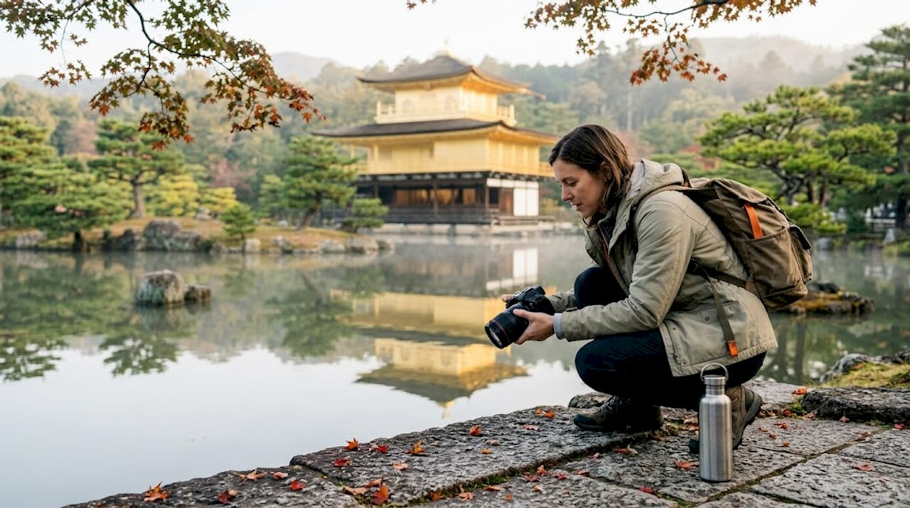Tourist photographing Kinkaku-ji temple reflection