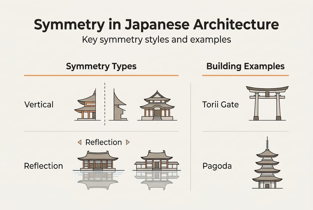 Japanese architecture symmetry infographic with key types
