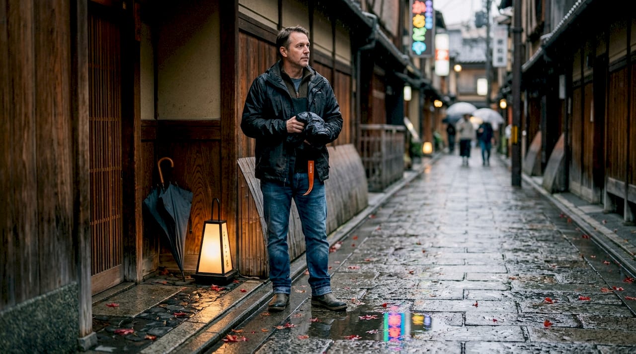 Man with camera in rainy Kyoto alley