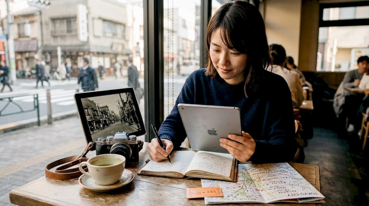 Photographer studies old Japan photo in café
