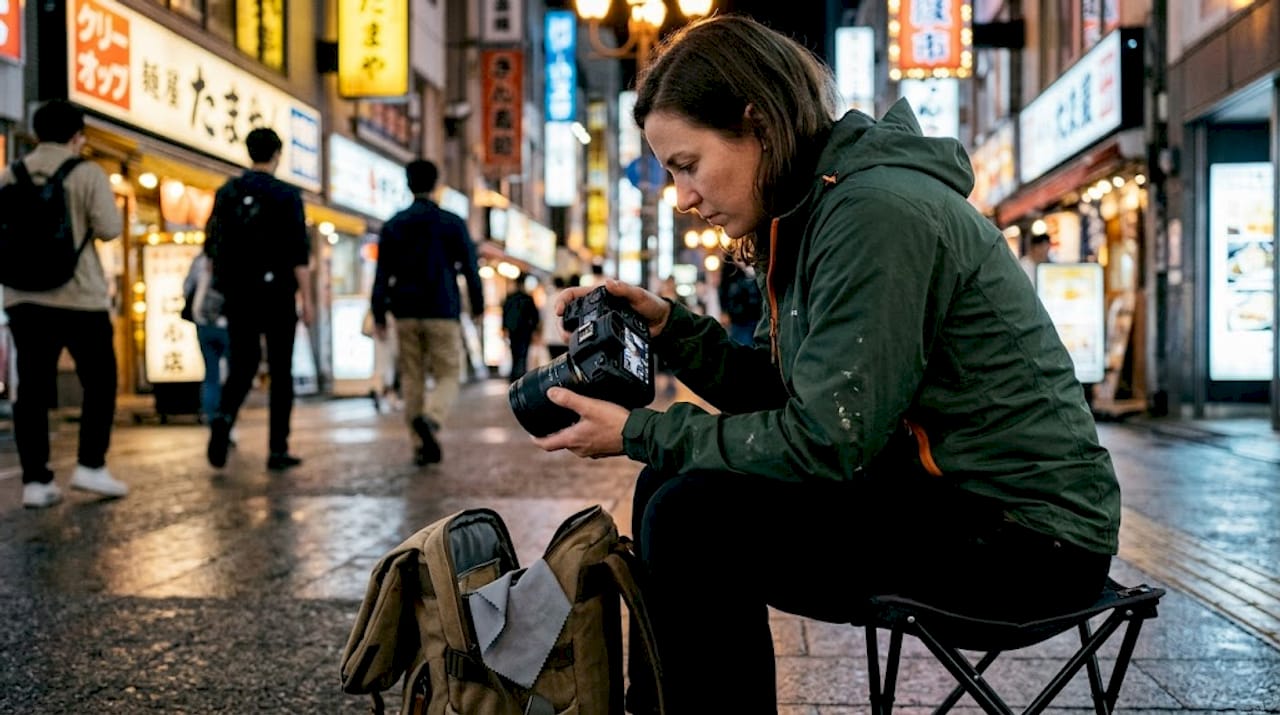 Woman manually focusing wide angle lens in city