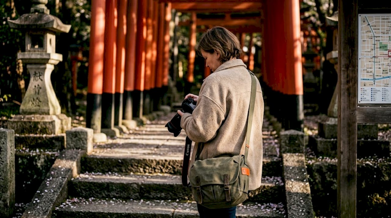 Photographer climbing temple steps at sunrise