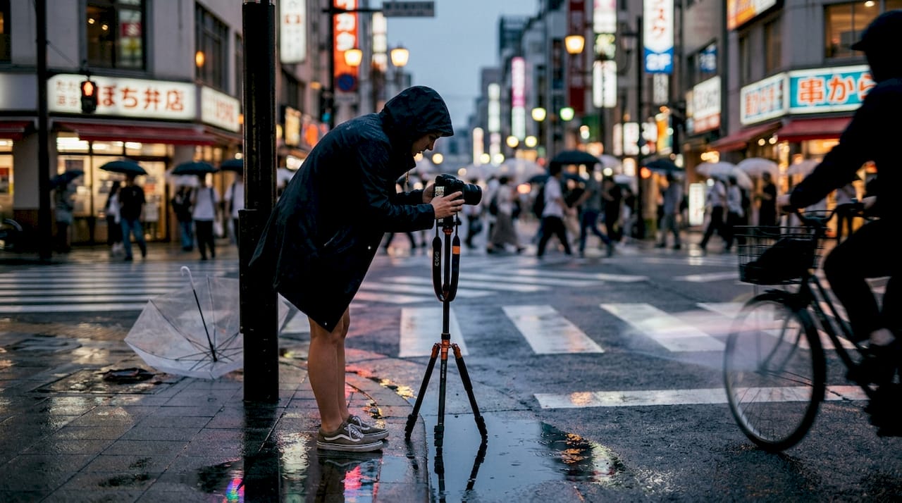 Photographer reviewing city lights long exposure image