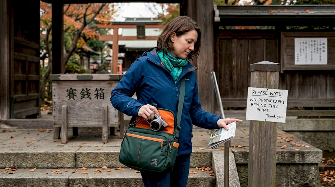 Woman reading no-photo sign at shrine entrance