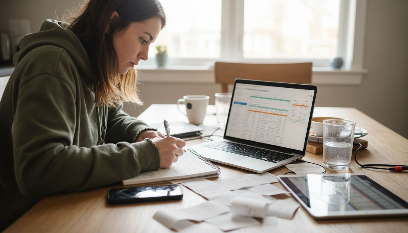 Woman reviewing crypto assets with spreadsheet at table