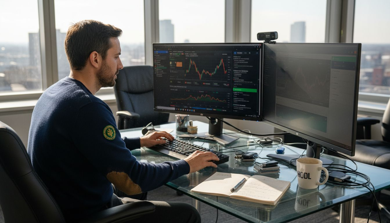 Man logging into crypto exchanges at glass desk