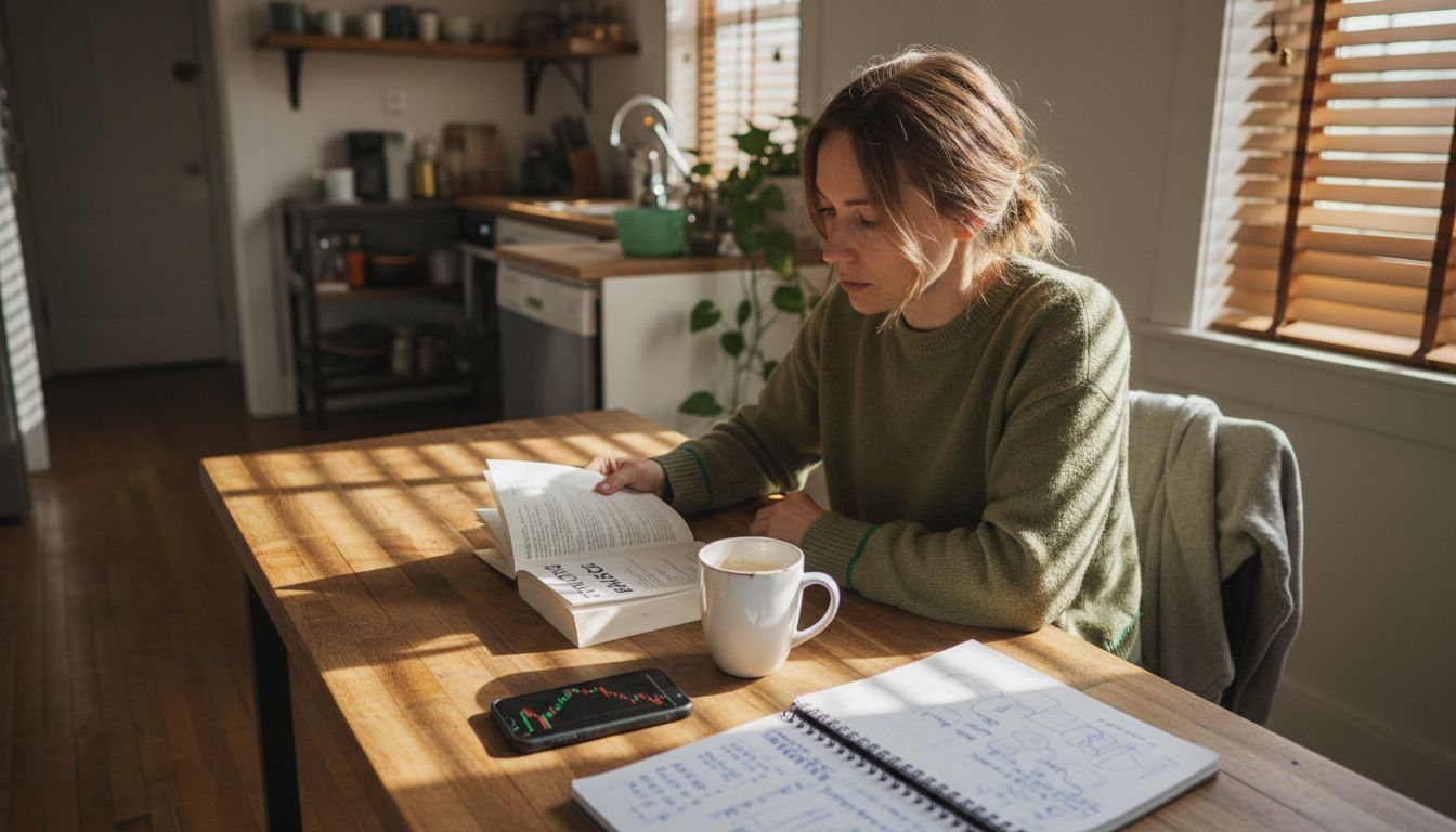 Woman reading about cryptocurrency at kitchen table