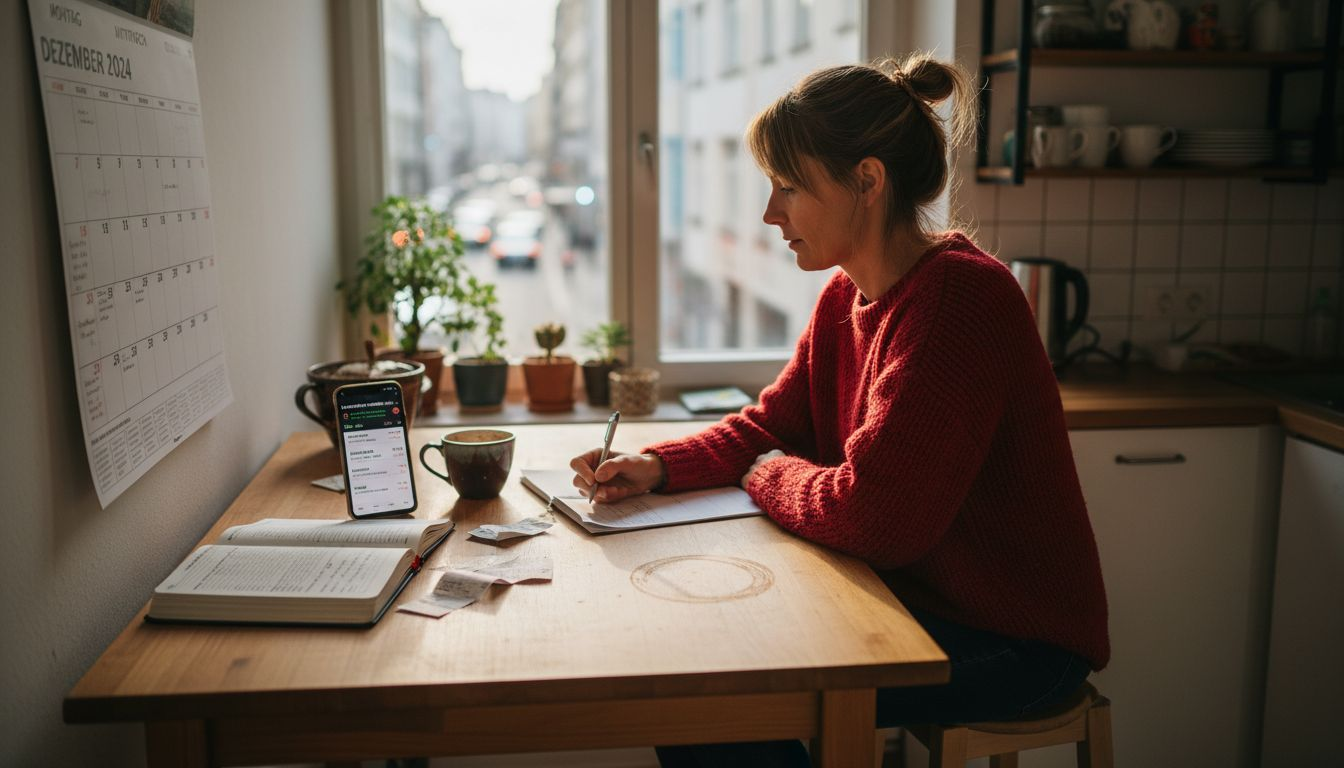 Eine Frau trägt in ihrem Kalender ein, wie lange sie ihre Kryptowährungen halten möchte und plant dabei gezielt ihre Investmentstrategie.