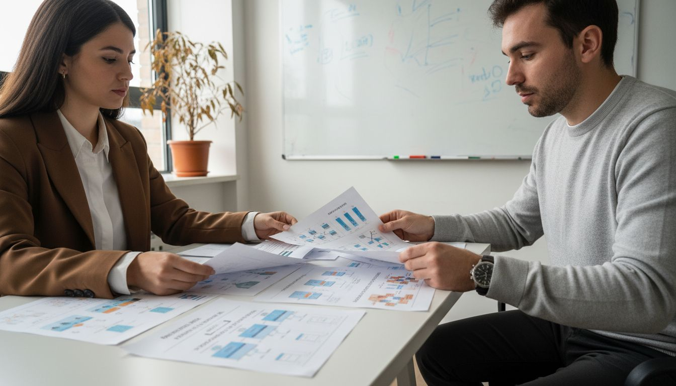 Dos compañeros de trabajo analizan y discuten las diferentes clases de blockchain durante una reunión en la oficina.