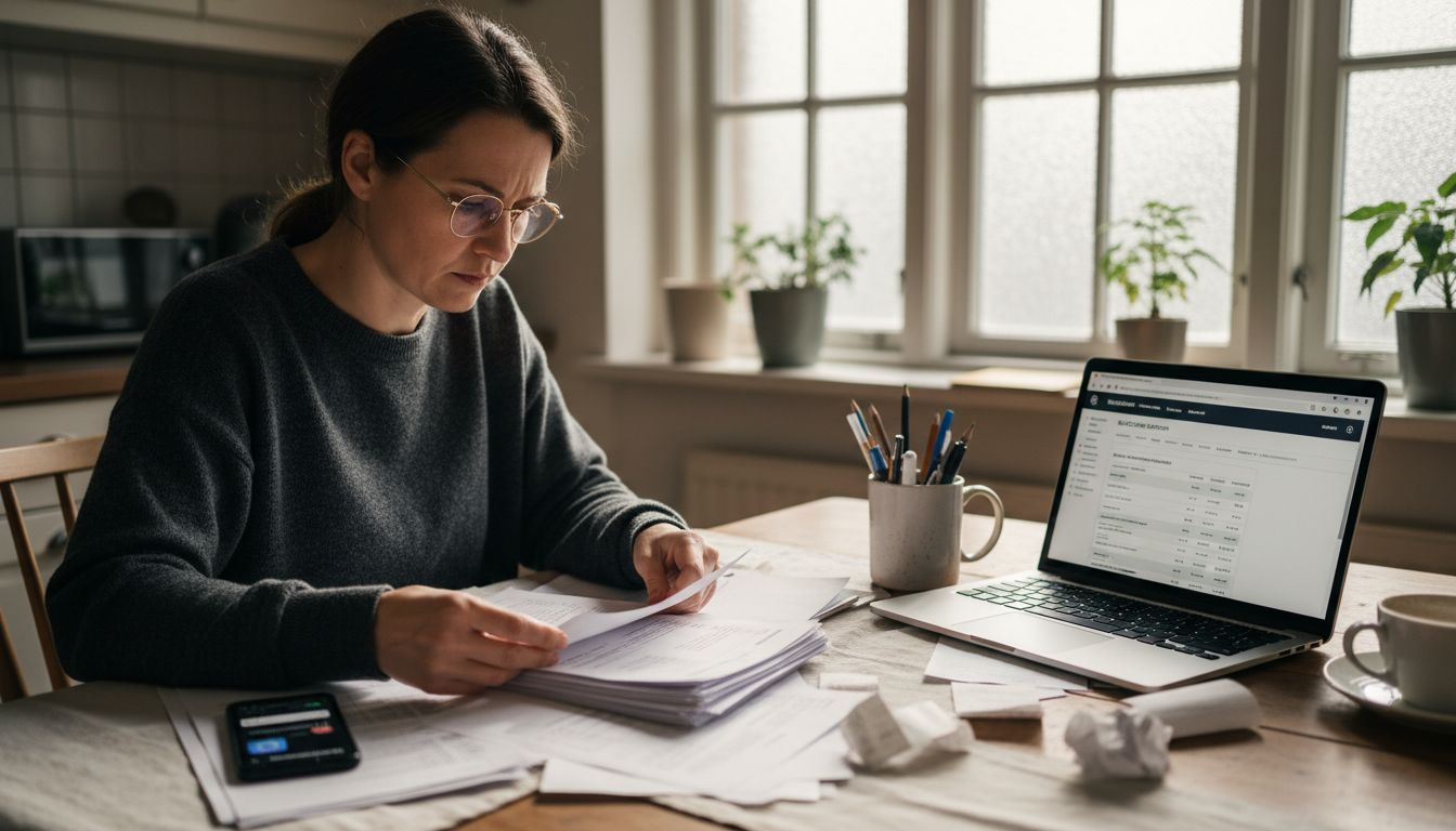 Eine Frau sitzt in ihrer Küche und bringt Ordnung in ihre Blockchain-Transaktionen.