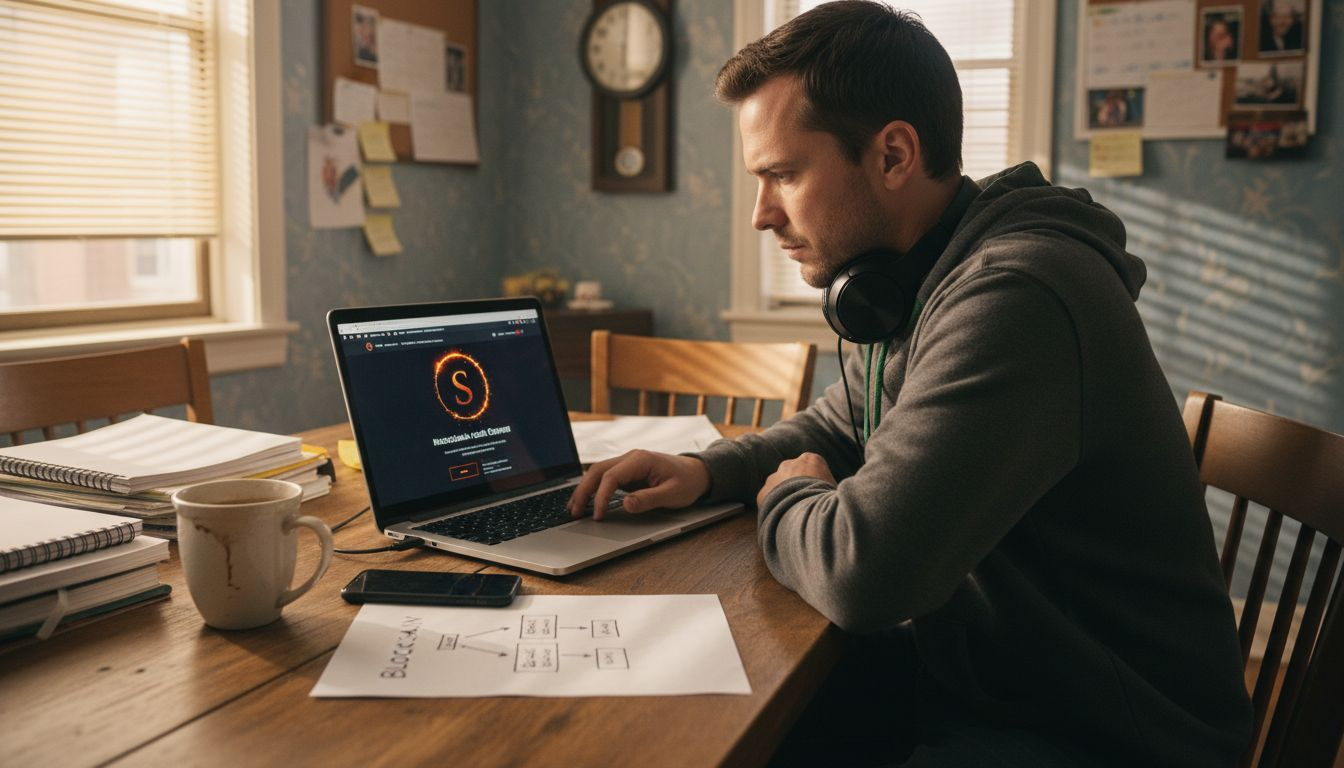 Beginner studying blockchain at cluttered home desk