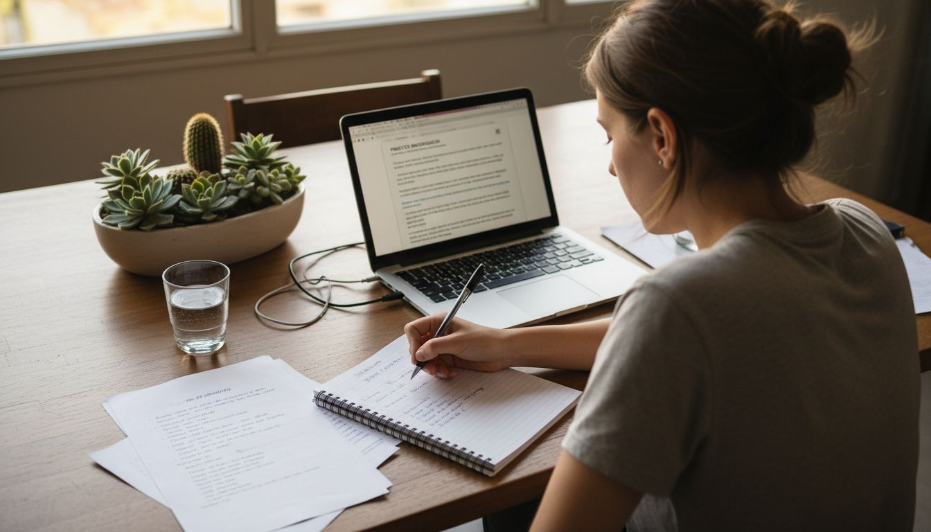 Mujer revisando un proyecto de blockchain mientras trabaja con su portátil y toma notas en una libreta