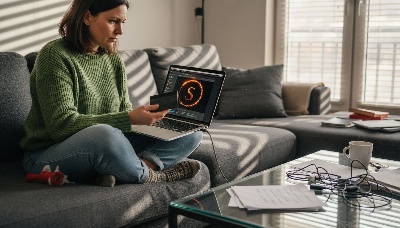 Eine Frau sichert ihre Kryptowährungen, indem sie die digitalen Daten auf eine Hardware-Wallet überträgt.