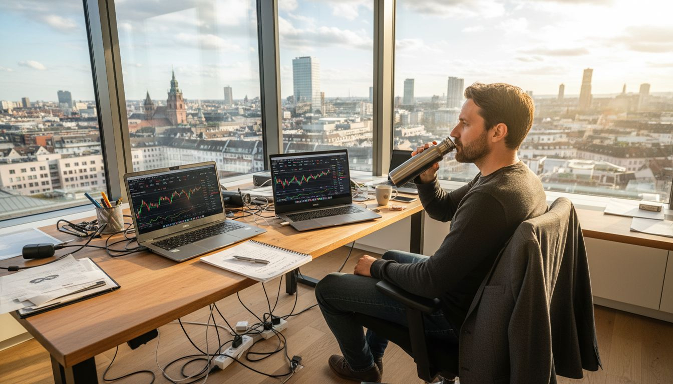 In einem hellen, modern eingerichteten Büro arbeiten Trader konzentriert an ihren Laptops.