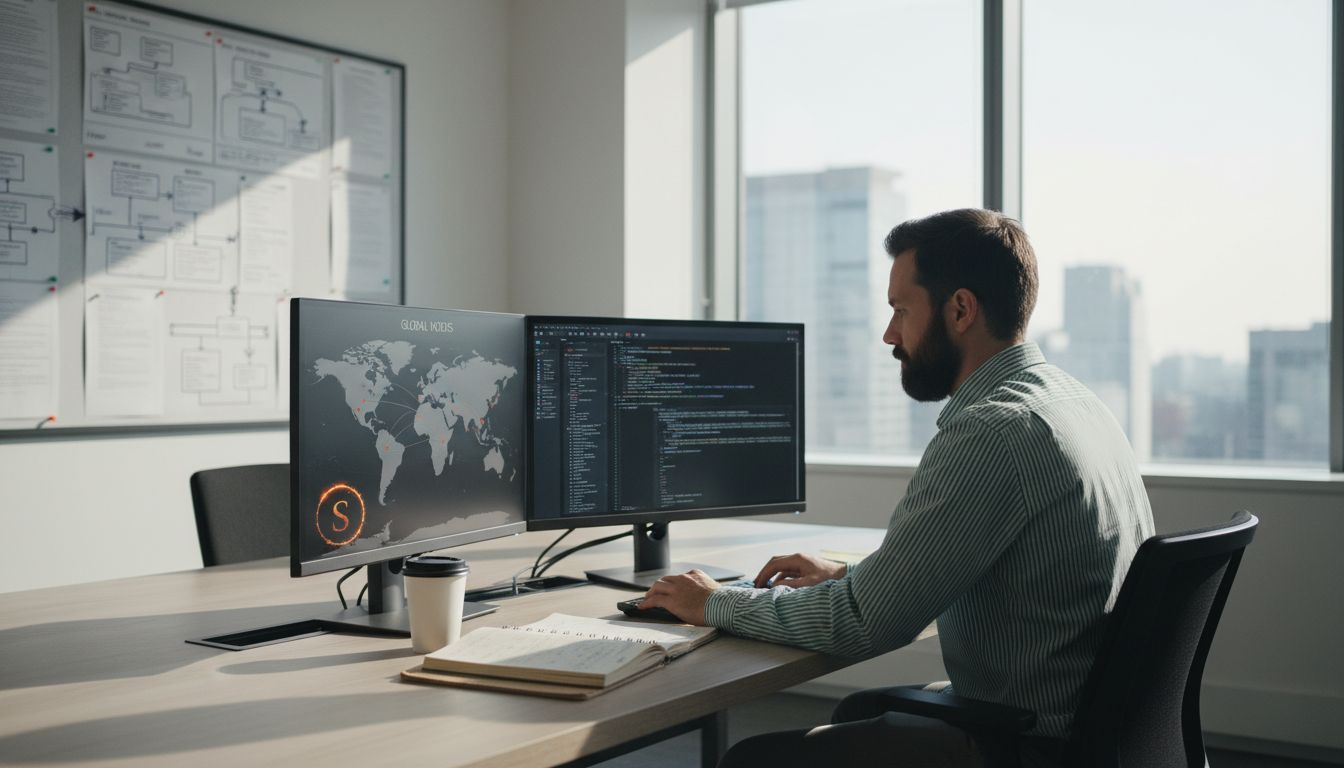 Man analyzing blockchain node network data