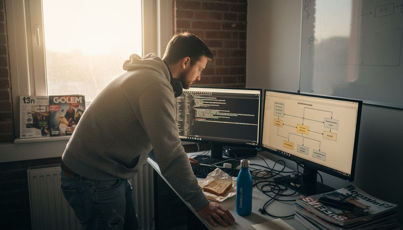 Ein IT-Spezialist sitzt im Büro und analysiert Blockchain-Daten auf mehreren Monitoren.