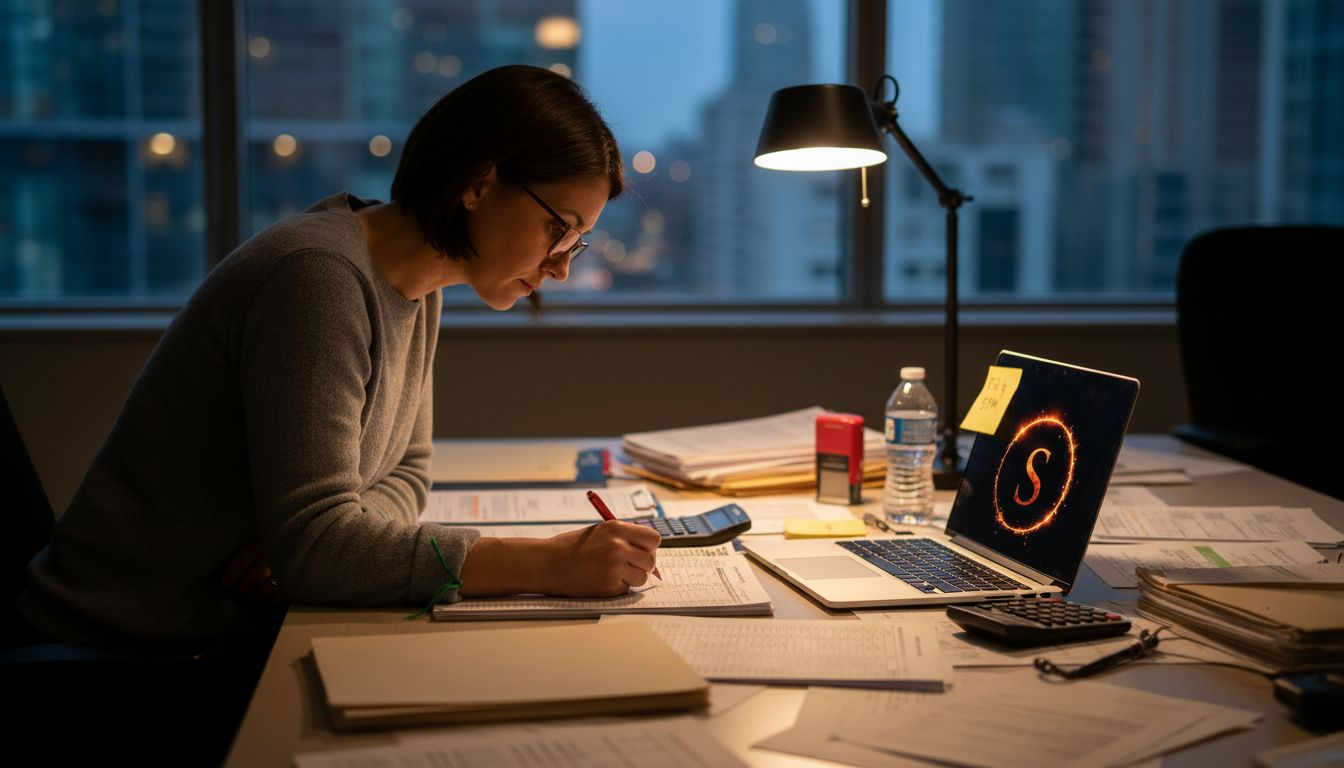 Accountant auditing crypto transaction paperwork