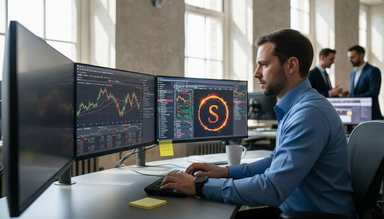 Crypto exchange manager at trading desk with monitors