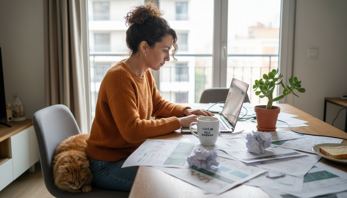 Una mujer consulta el estado de sus inversiones en criptomonedas mientras está sentada en la mesa del comedor.