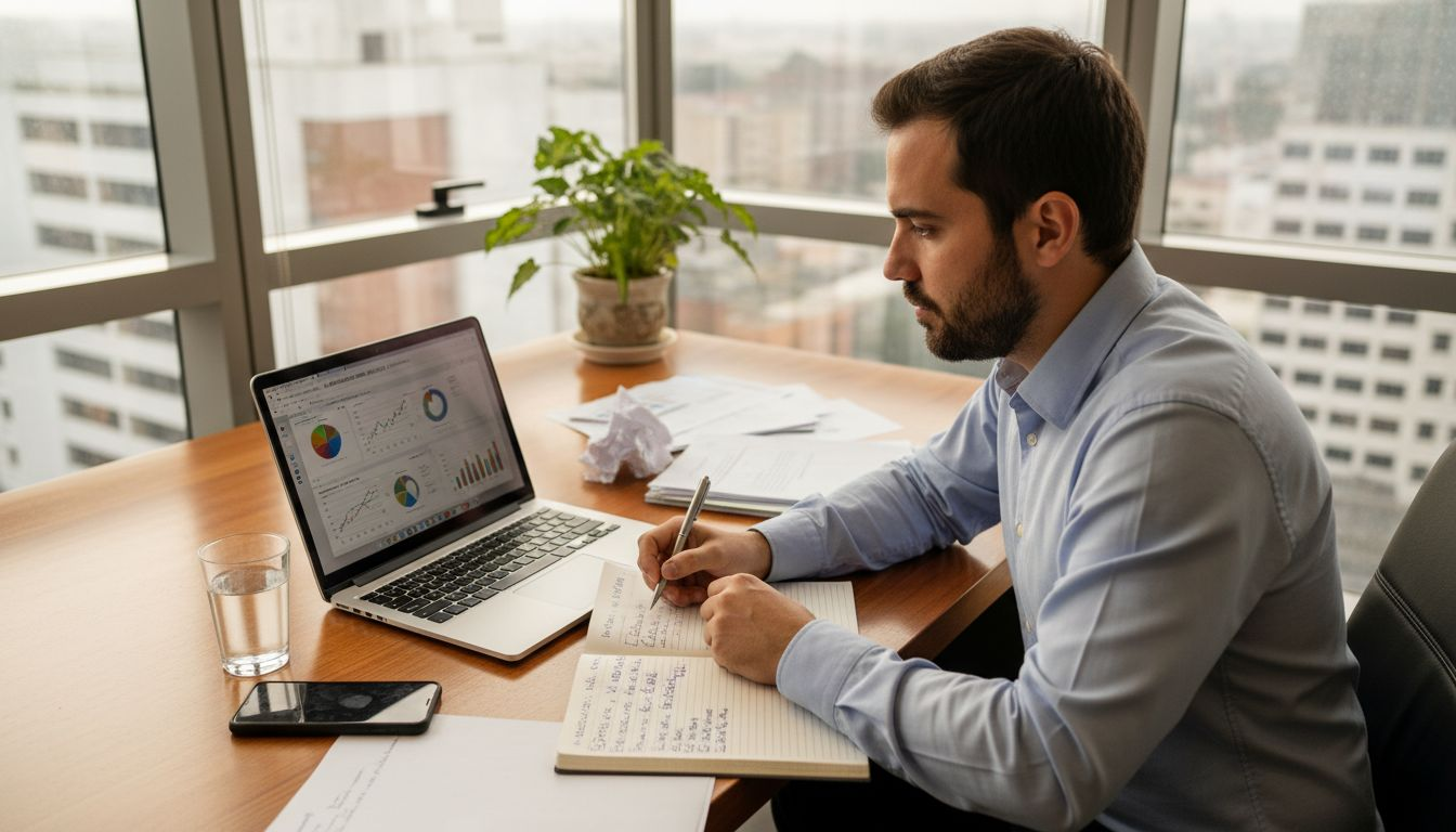 Un hombre analiza sus inversiones en criptomonedas desde su oficina, en un ambiente profesional y realista.