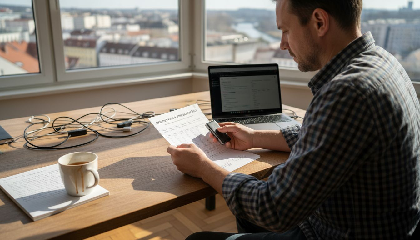 Ein Mann sitzt an seinem Schreibtisch in der Stadt und prüft seine Krypto-Handelsgeschäfte.