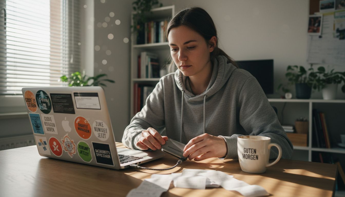 Eine Frau schützt ihre Kryptowährungen mit einer Hardware Wallet.